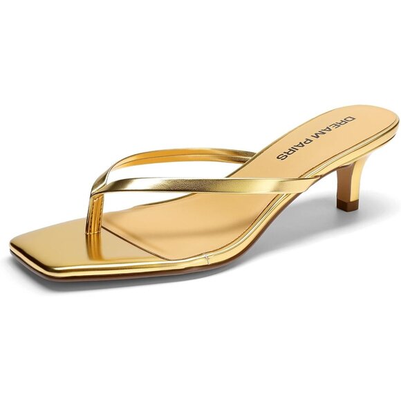 Dream Pairs Women Gold Faux Leather  Square Open Toe  Low Heels Sandals Shoes - Picture 1 of 8